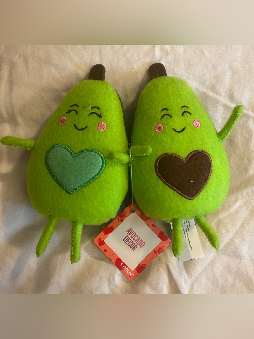 Plush Avocado Decor Pair - Bright Green with Heart Patches